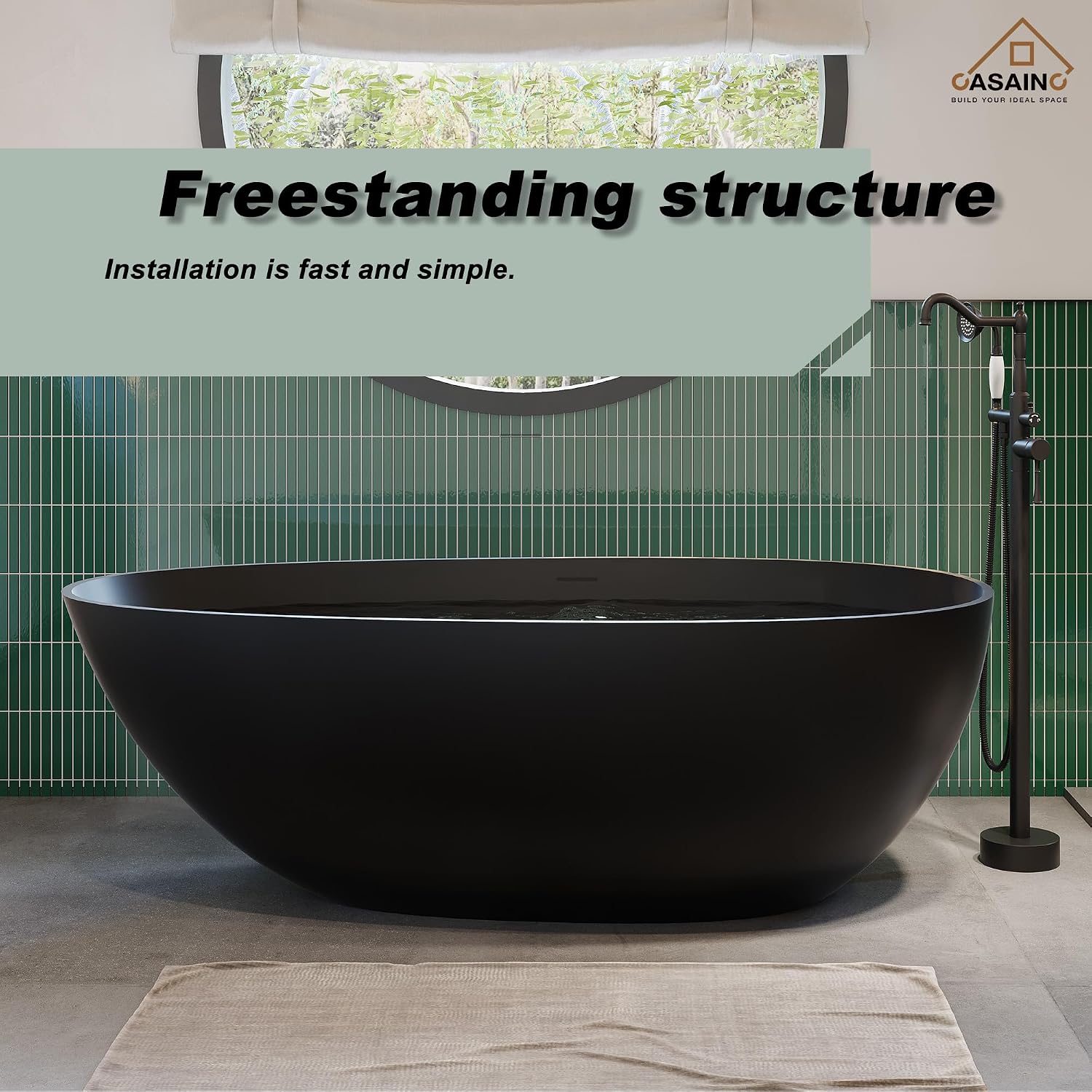 CASAINC 59' Solid Surface Freestanding Bathtub Egg-Shaped Stone Resin Freestanding Tub Matte Black Stand-Alone Tub with Drain, Drain Hose & Sanding Paper