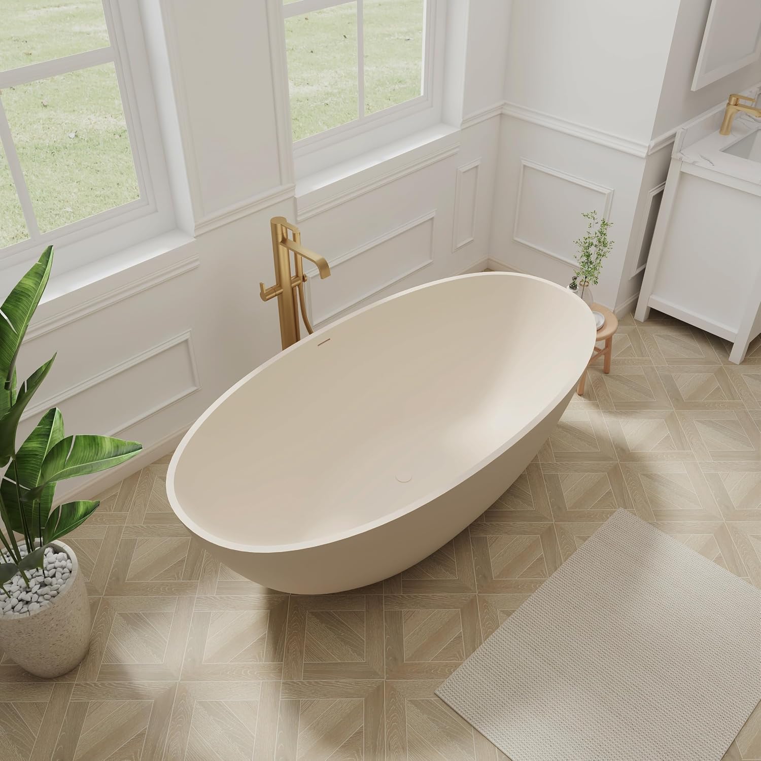 SJ STAR&JANE 65' Solid Surface Freestanding Bathtub, Oval Soaking Tub with Overflow and Pop-up Drain for Bathroom Cream