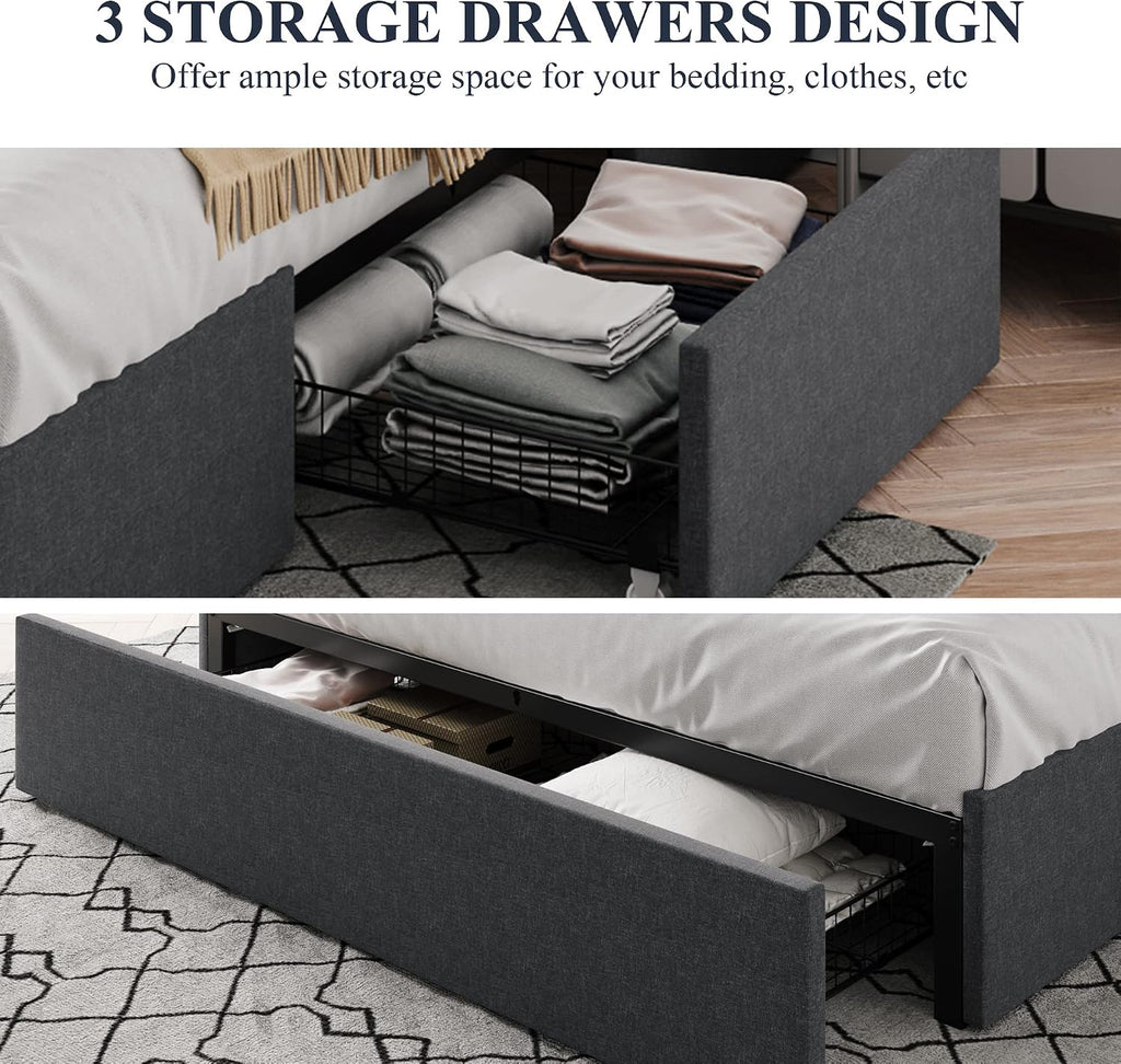 Allewie Queen Size Platform Bed Frame with 3 Storage Drawers, Fabric Upholstered, Wooden Slats Support, No Box Spring Needed, Noise Free, Easy Assembly, Dark Grey