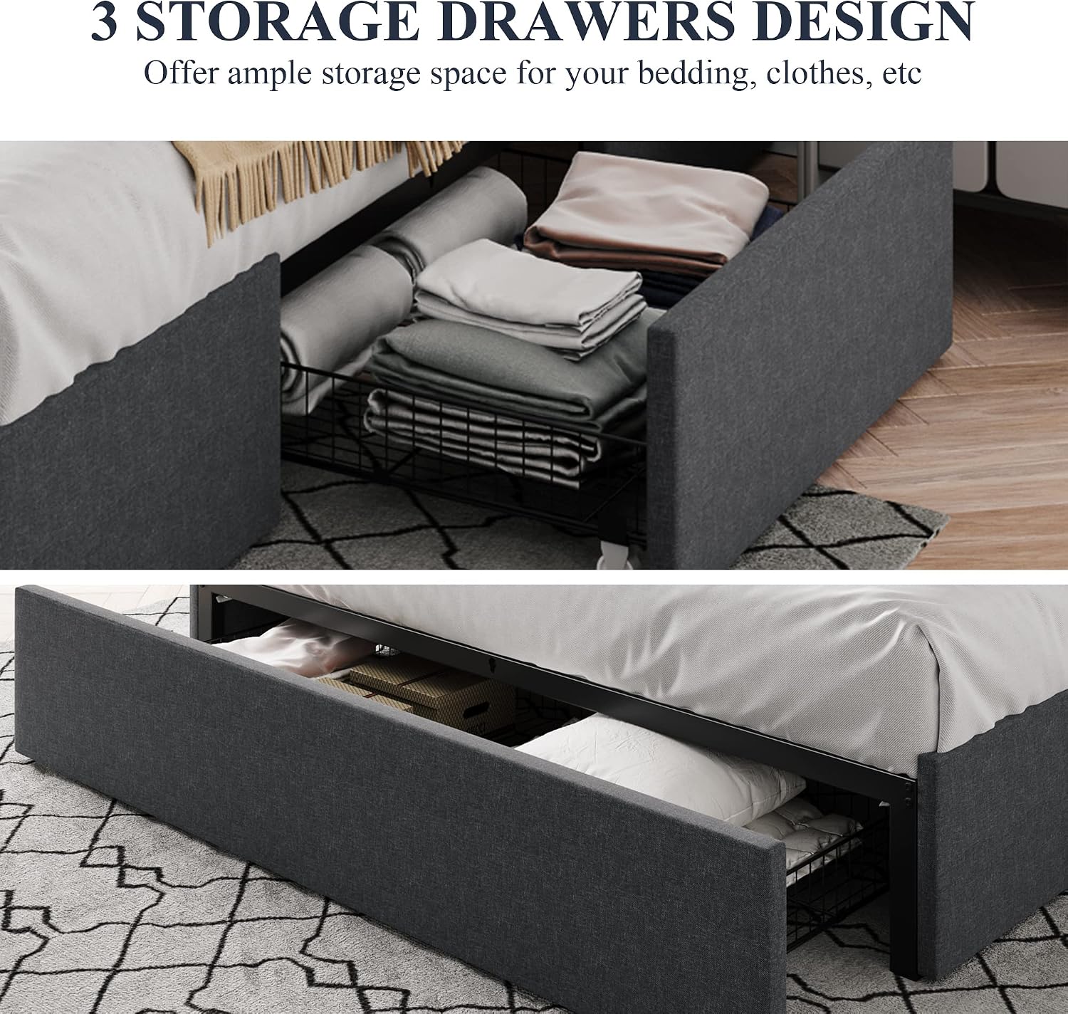 Allewie Queen Size Platform Bed Frame with 3 Storage Drawers, Fabric Upholstered, Wooden Slats Support, No Box Spring Needed, Noise Free, Easy Assembly, Dark Grey