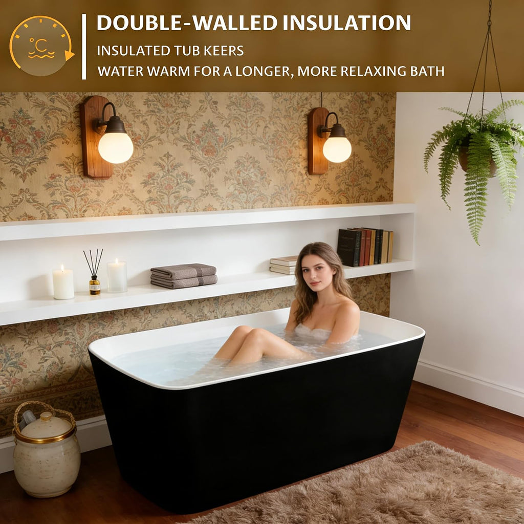 49 Inch Acrylic Freestanding Bathtub, Japanese Square Soaking Tub with Built-in Seat, Toe-Tap Drain, Slotted Overflow, cUPC Certified Black Standalone Tub for Modern Bathroom Upgrade