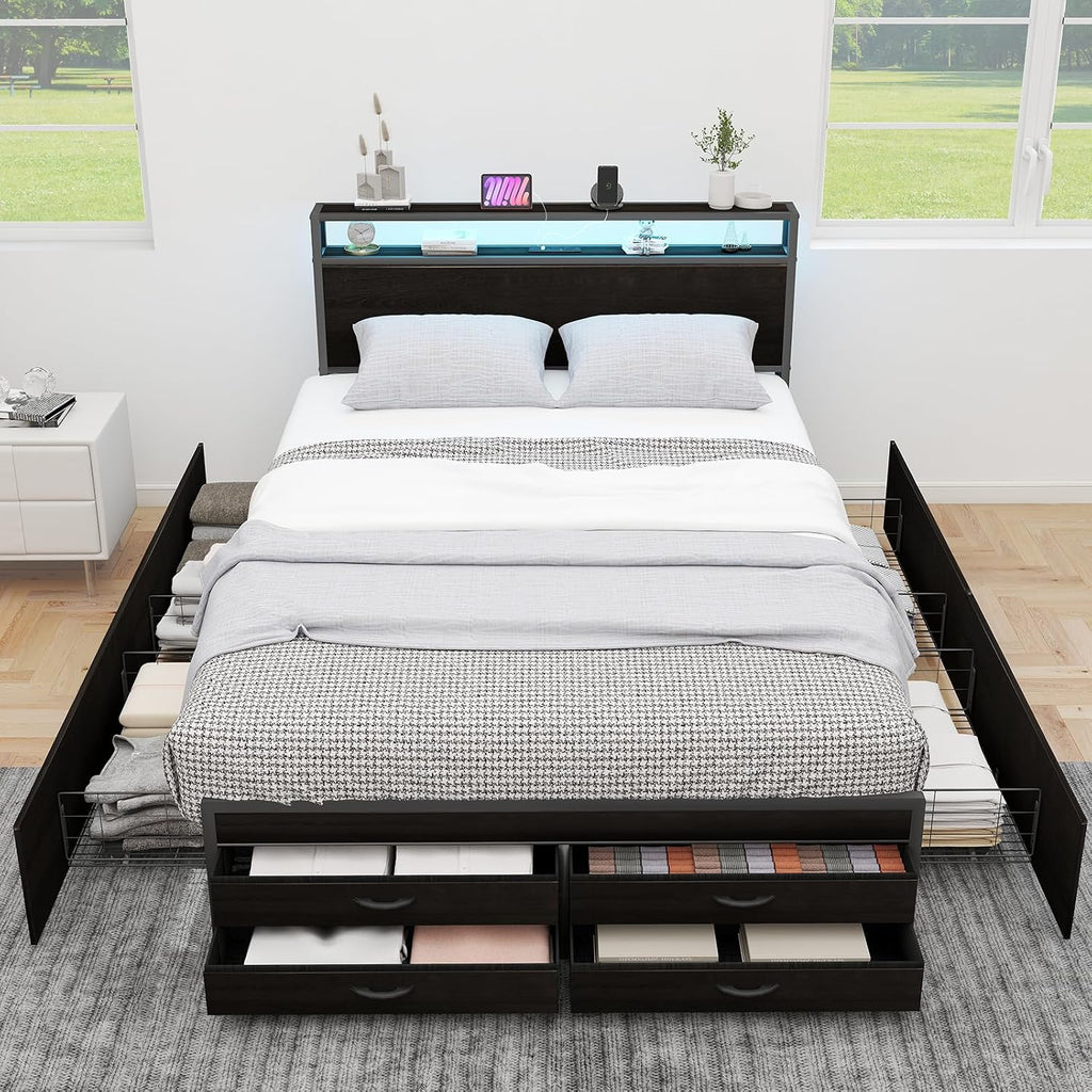 Zevemomo Queen Bed Frames with Headboard, Queen Size Storage Bed Frame with 8 Drawers, Built-in Charging Ports & Outlets, Adjustable Atmospheric LED Lights, Queen-Size Metal Foundation Beds, Black