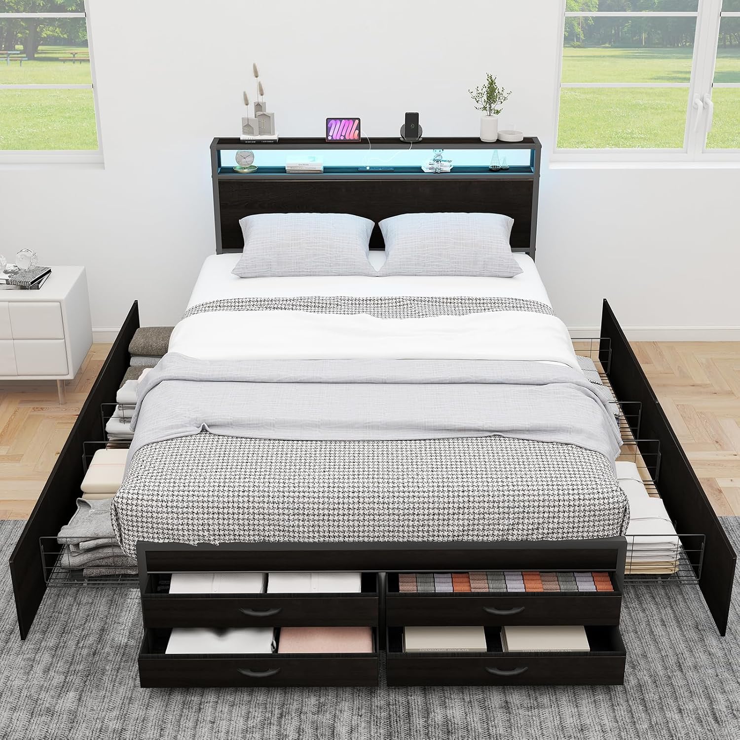 Zevemomo Queen Bed Frames with Headboard, Queen Size Storage Bed Frame with 8 Drawers, Built-in Charging Ports & Outlets, Adjustable Atmospheric LED Lights, Queen-Size Metal Foundation Beds, Black