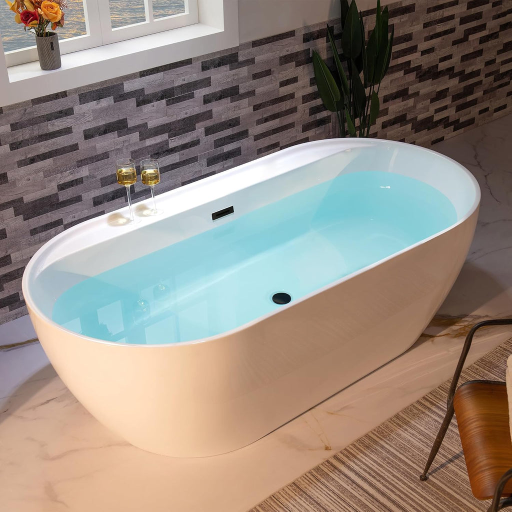WOODBRIDGE 72' Acrylic Freestanding Bathtub Contemporary Soaking White Tub with Matte Black Overflow and Drain,B0059-MB
