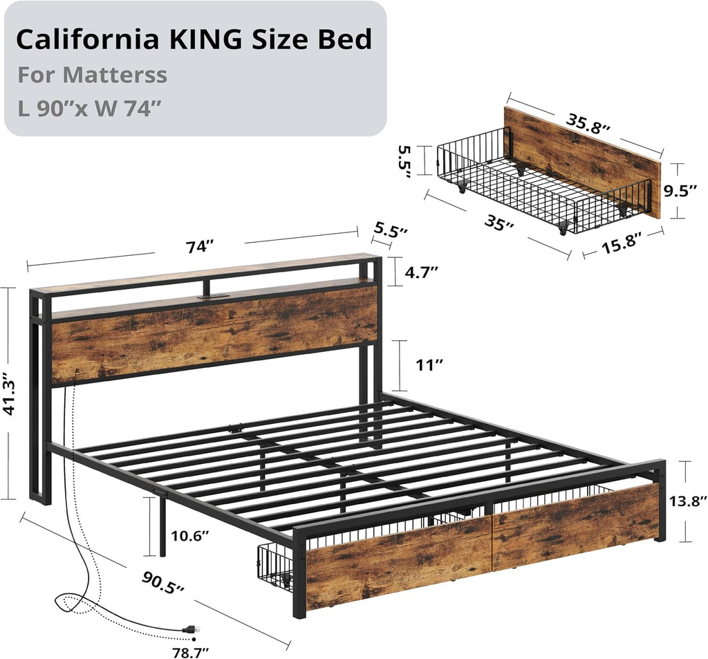 LIKIMIO California King Bed Frame with Storage Headboard, Platform Bed with Drawers and Charging Station, No Box Spring Needed, Easy Assembly, Vintage Brown