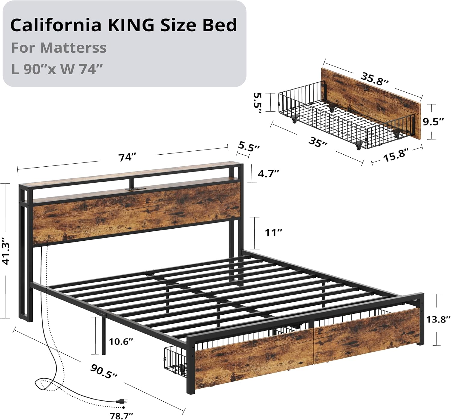 LIKIMIO California King Bed Frame with Storage Headboard, Platform Bed with Drawers and Charging Station, No Box Spring Needed, Easy Assembly, Vintage Brown