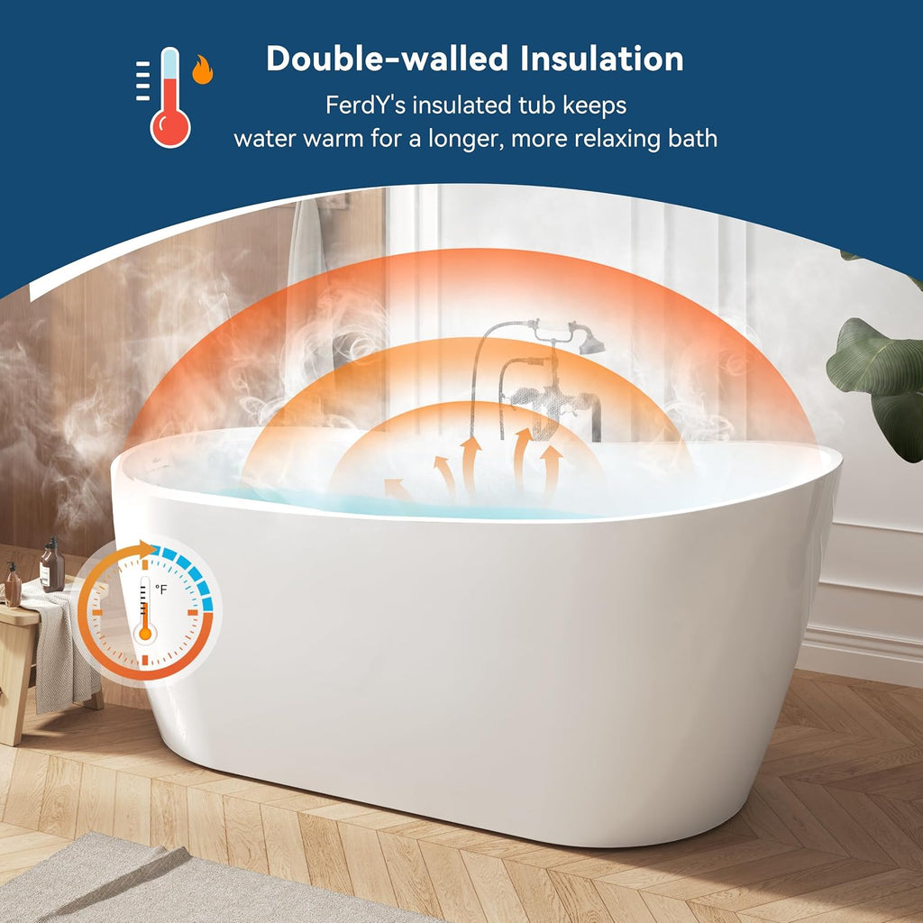 FerdY Lana'i 67' Freestanding Bathtub, Gracefully Shaped Freestanding Soaking tub, Glossy White, cUPC Certified, Matte Black Drain Assembly Included