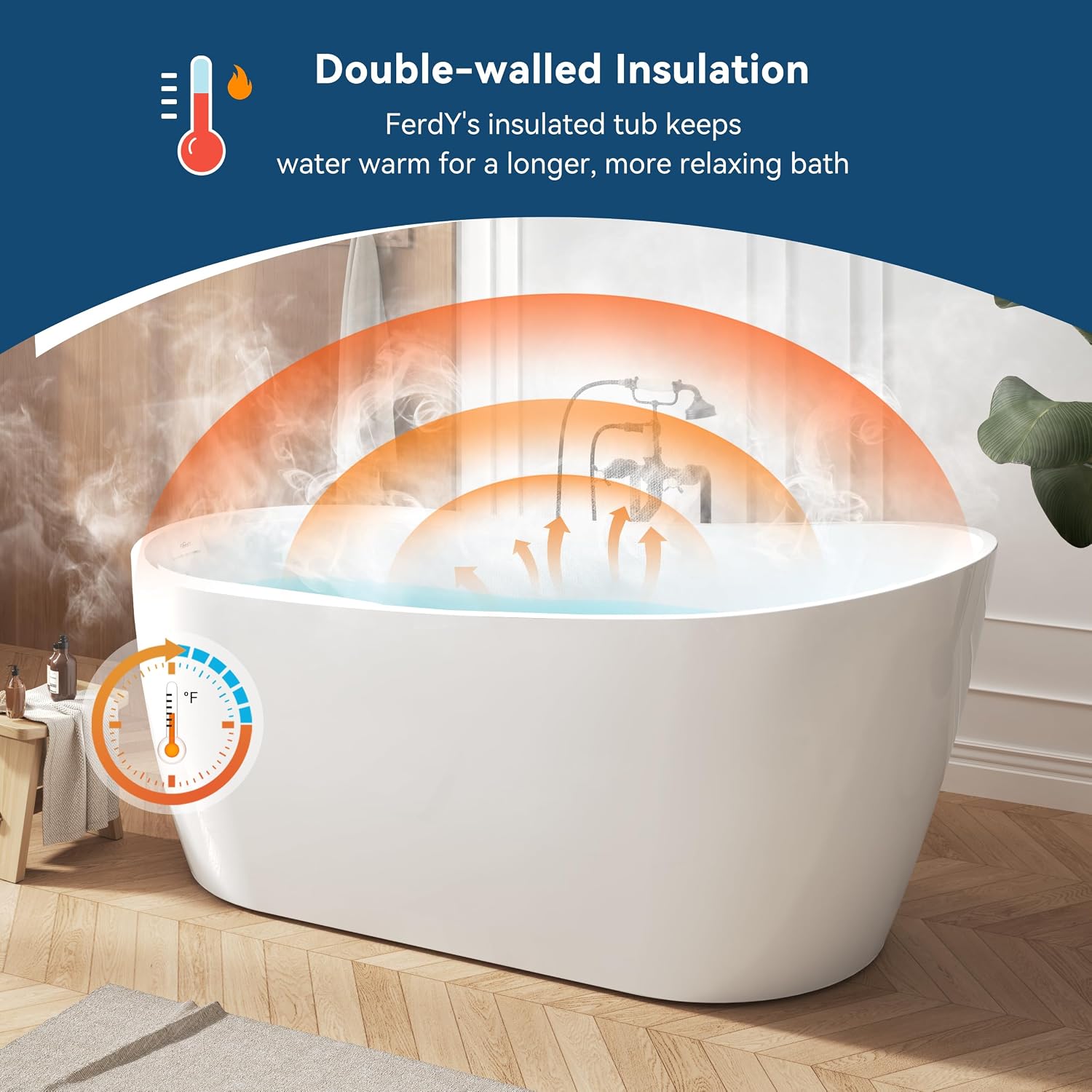 FerdY Lana'i 67' Freestanding Bathtub, Gracefully Shaped Freestanding Soaking tub, Glossy White, cUPC Certified, Matte Black Drain Assembly Included
