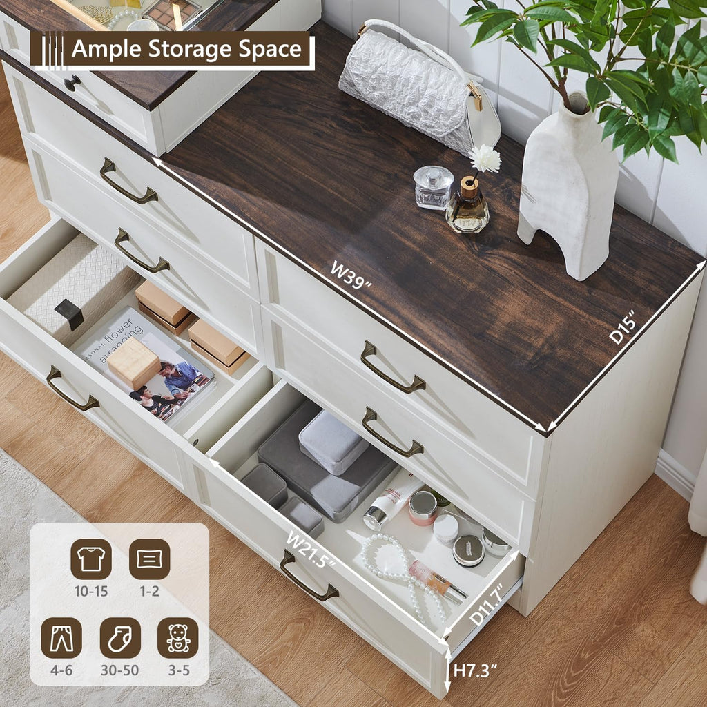 Aitjunz 69' W Big Vanity Desk with Glass Top, Farmhouse Makeup Table with 9 Large Storage Drawers, Rustic Wood Bedroom Dressing Table w/3 Color Available Light & 30' HD Led Mirror, Antique White
