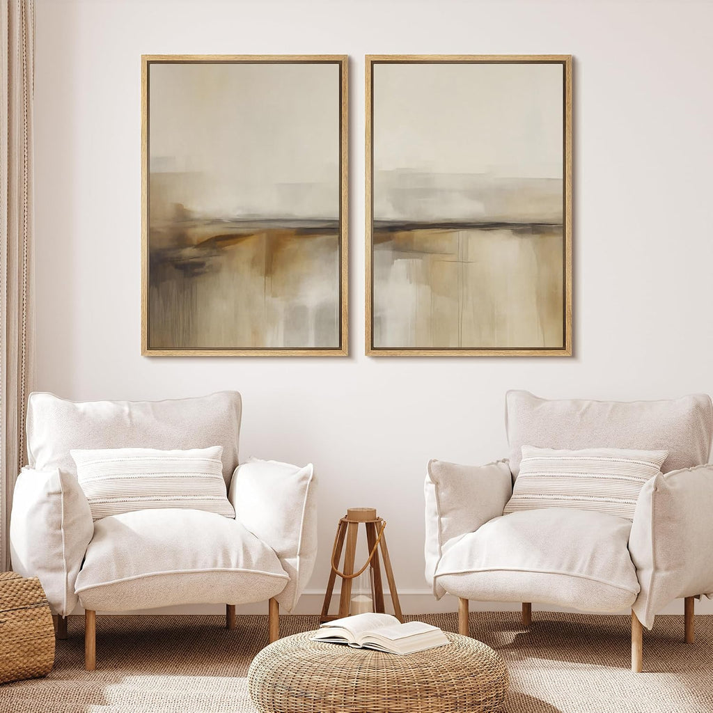 MUDECOR Framed Canvas Print Wall Art Set Abstract Beige and Brown Gradient Neutral Minimalist Landscape Illustrations Modern Art Decorative Calm for Living Room, Bedroom, Office - 24'x36'x2 Natural