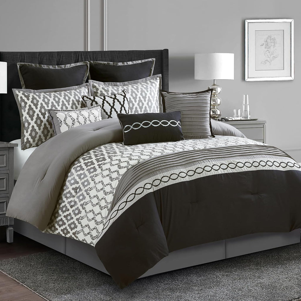 LANCO MODERN LIFESTYLE Queen Comforter Set, Black, 10 Piece Bed in a Bag for All Seasons, Luxury Extreme Comfort Bedding Sets with Bedskirt, Pillow Shams, Euro Shams and Decor Pillows