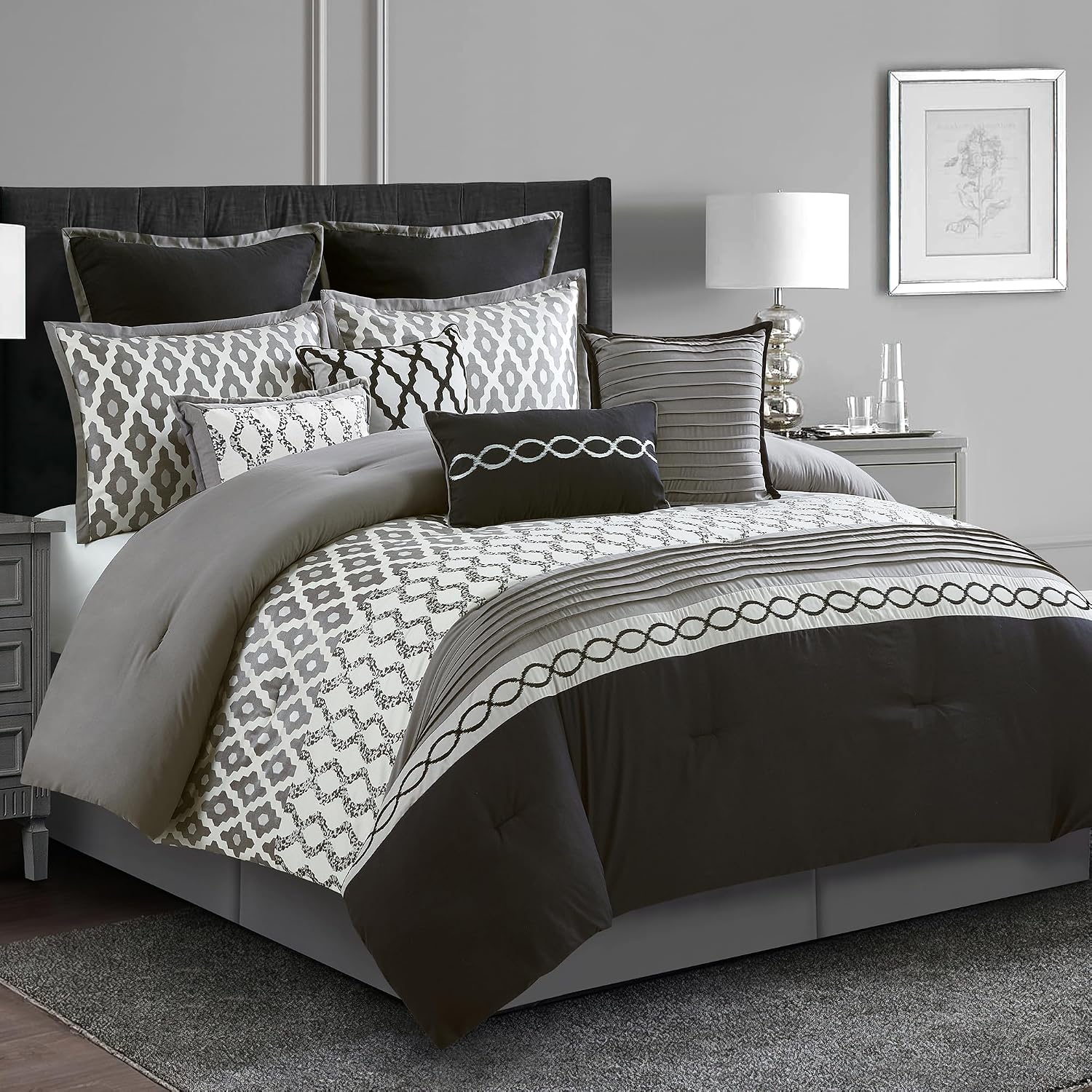 LANCO MODERN LIFESTYLE Queen Comforter Set, Black, 10 Piece Bed in a Bag for All Seasons, Luxury Extreme Comfort Bedding Sets with Bedskirt, Pillow Shams, Euro Shams and Decor Pillows