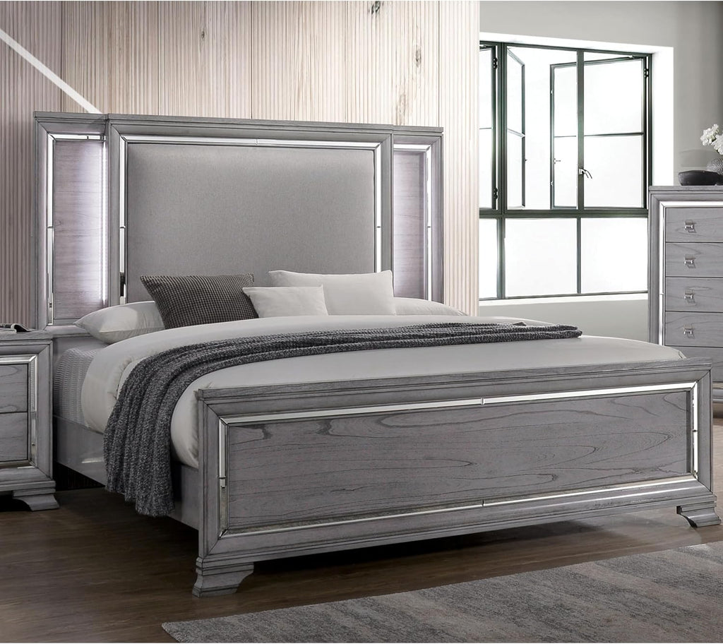 Furniture of America Zenka Wood Frame 2-Piece Bedroom Set, Queen-Size Bed Padded Headboard, 10-Drawer Dresser, Felt-Lined Top Storage, Box Spring Required, Light Gray
