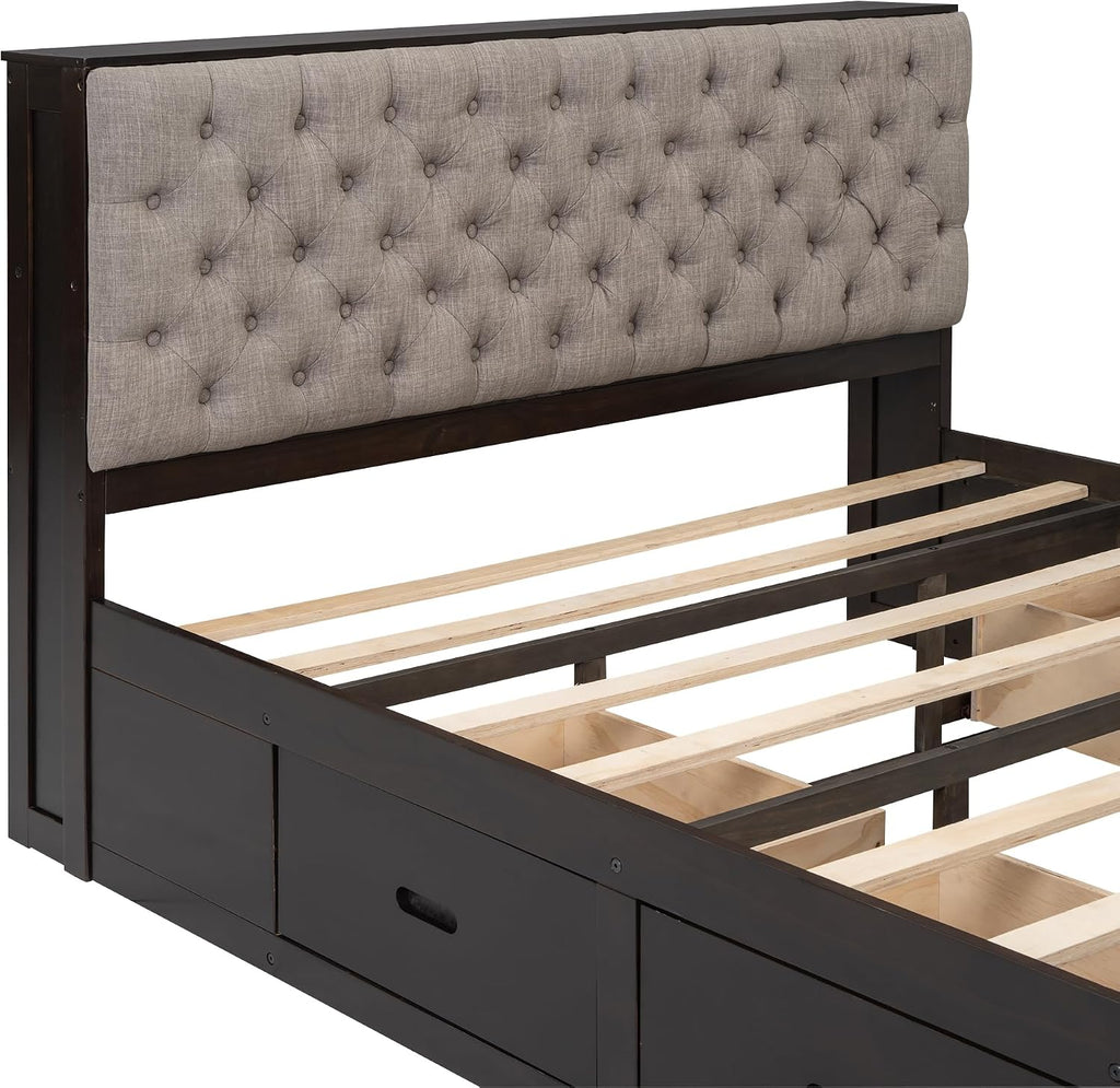 Modern Queen Size Platform Bed with Upholstered Storage Headboard, Wood Platform Bed Frame with Shoe Rack and 4 Drawers, Sturdy Slat Support, Maximize Space (Espresso-21)