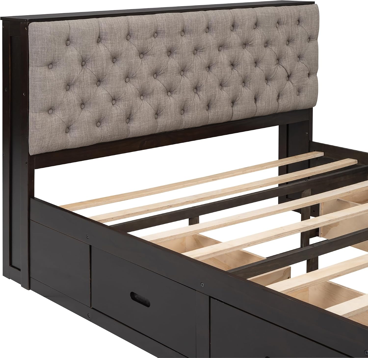 Modern Queen Size Platform Bed with Upholstered Storage Headboard, Wood Platform Bed Frame with Shoe Rack and 4 Drawers, Sturdy Slat Support, Maximize Space (Espresso-21)