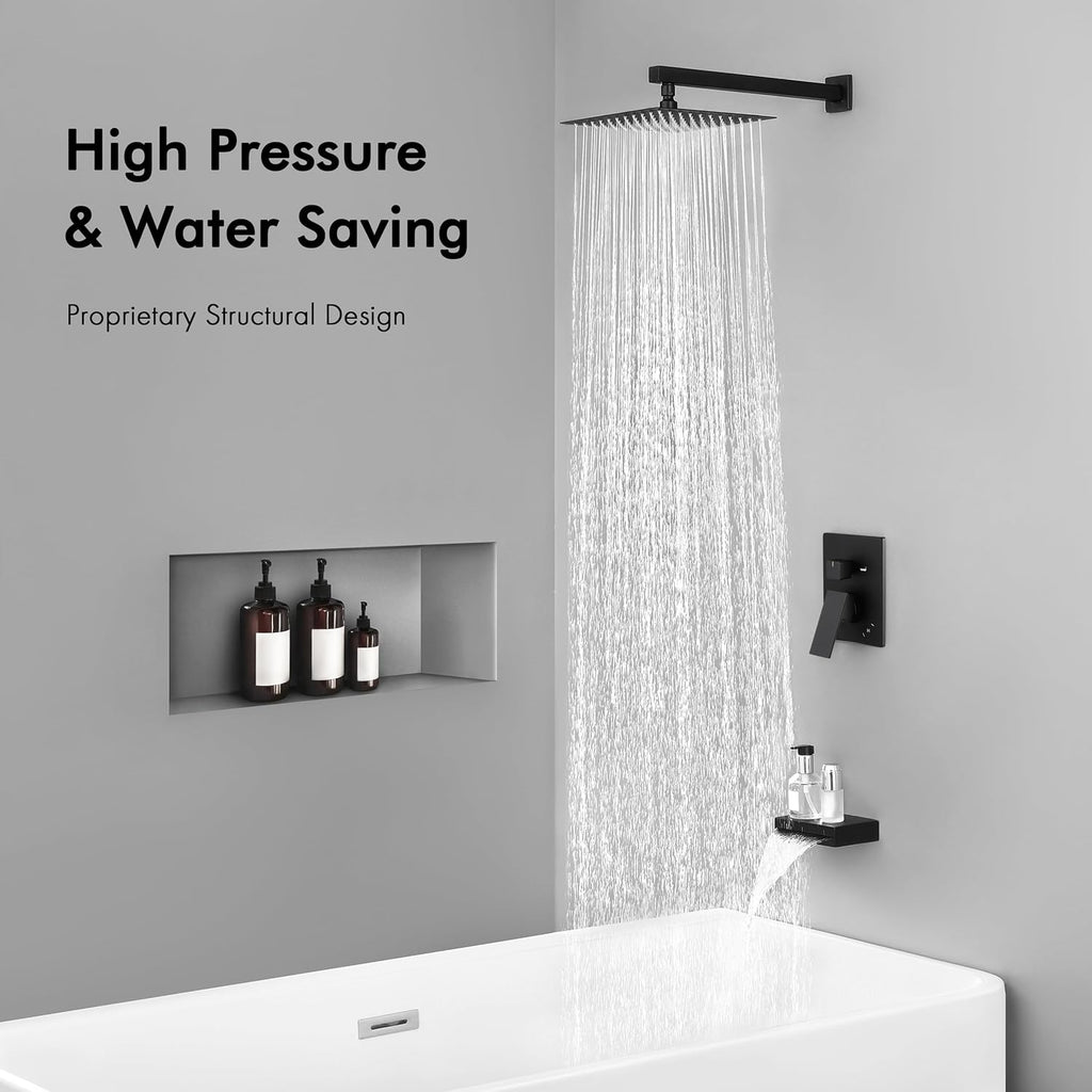 KES Tub and Shower Faucet Set Bathroom Sink Drain Without Overflow, XBN6240-BK+S2008D-BK-TEM