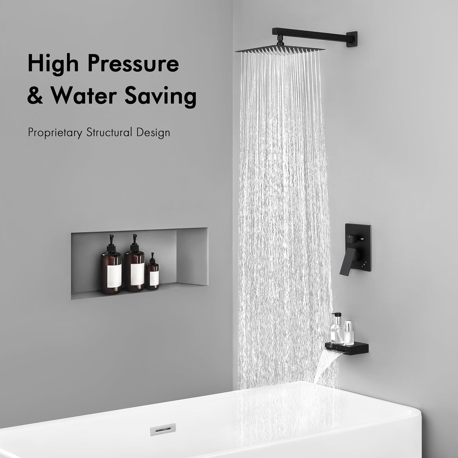 KES Tub and Shower Faucet Set Bathroom Sink Drain Without Overflow, XBN6240-BK+S2008D-BK-TEM