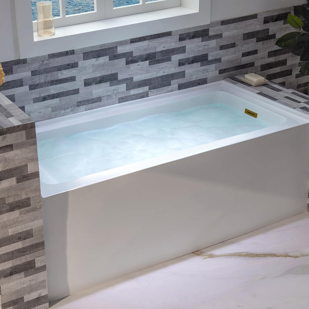 WOODBRIDGE 60' Acrylic Rectangular Alcove Soaking Bathtub in White with Right Drain, Brushed Gold pop-up Drain Included, LB666-R