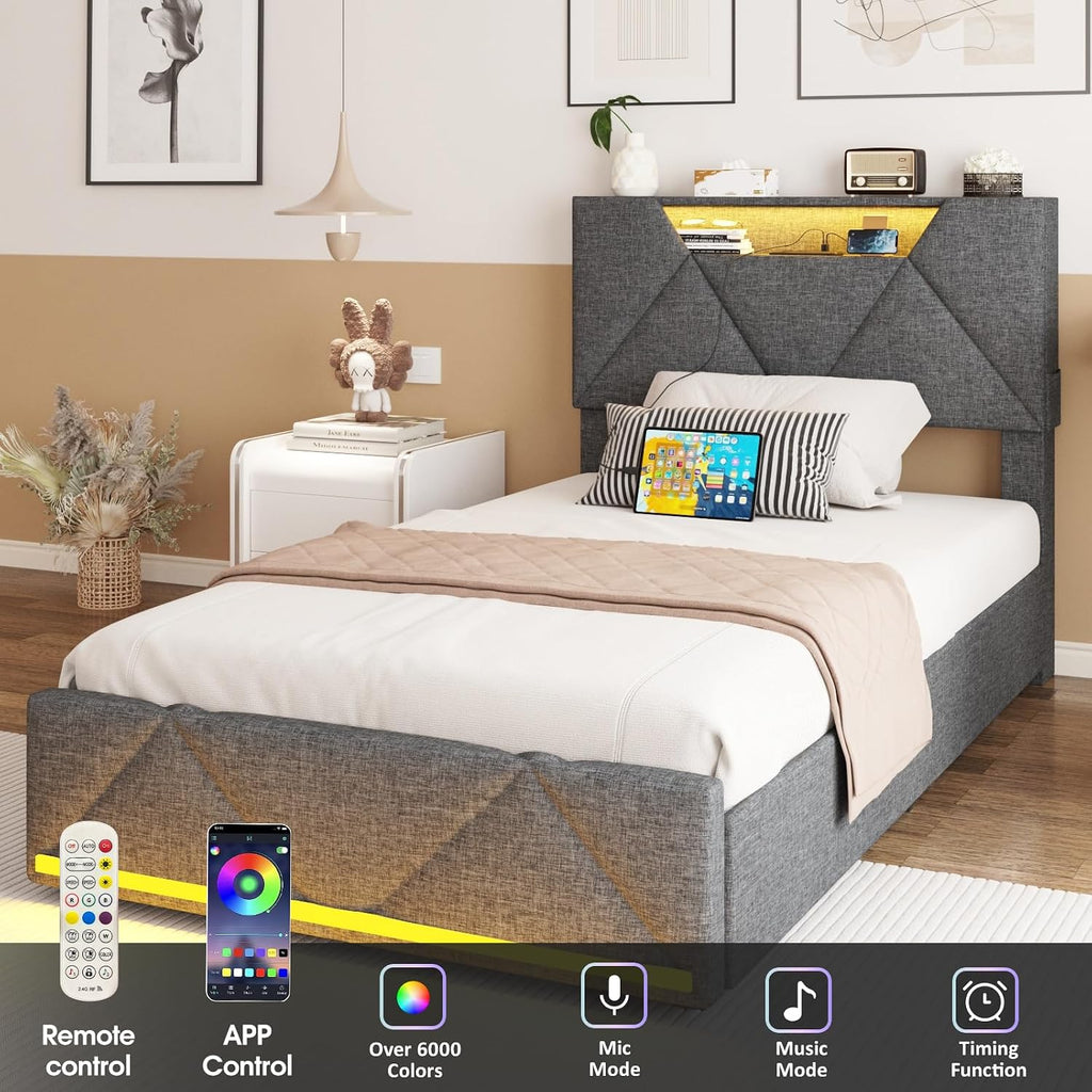 Vabches Twin Bed Frame with Storage Headboard and 4 Drawers,Upholstered Platform with Charging Station and Led Lights,Adjustable Headboard,No Box Spring Needed,Dark Grey