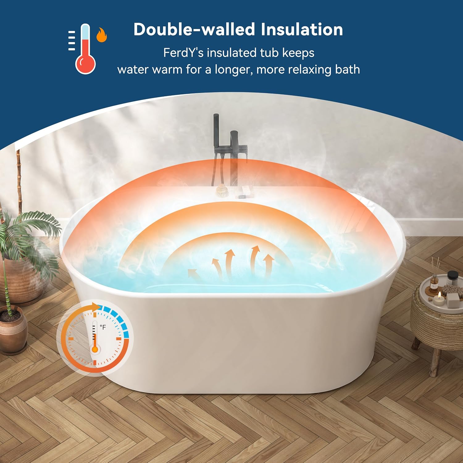 FerdY Santorini 58' Acrylic Freestanding Tub, Gracefully Shaped Contemporary Soaking Tub, Glossy White, cUPC Certified, White Toe-tap Drain and