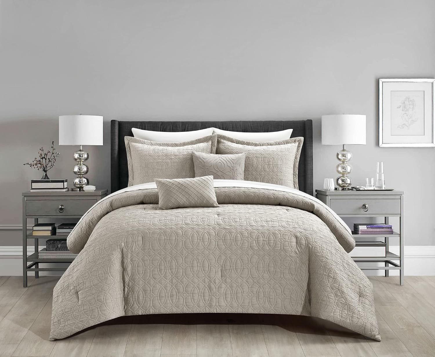 Chic Home Taupe Bed in a Bag Comforter Set, King Size (5 Pieces), New York & Company Trinity - Polyester Bedding with Jacquard Interlaced Pattern - Comforter, Pillow Shams and Decorative Pillows
