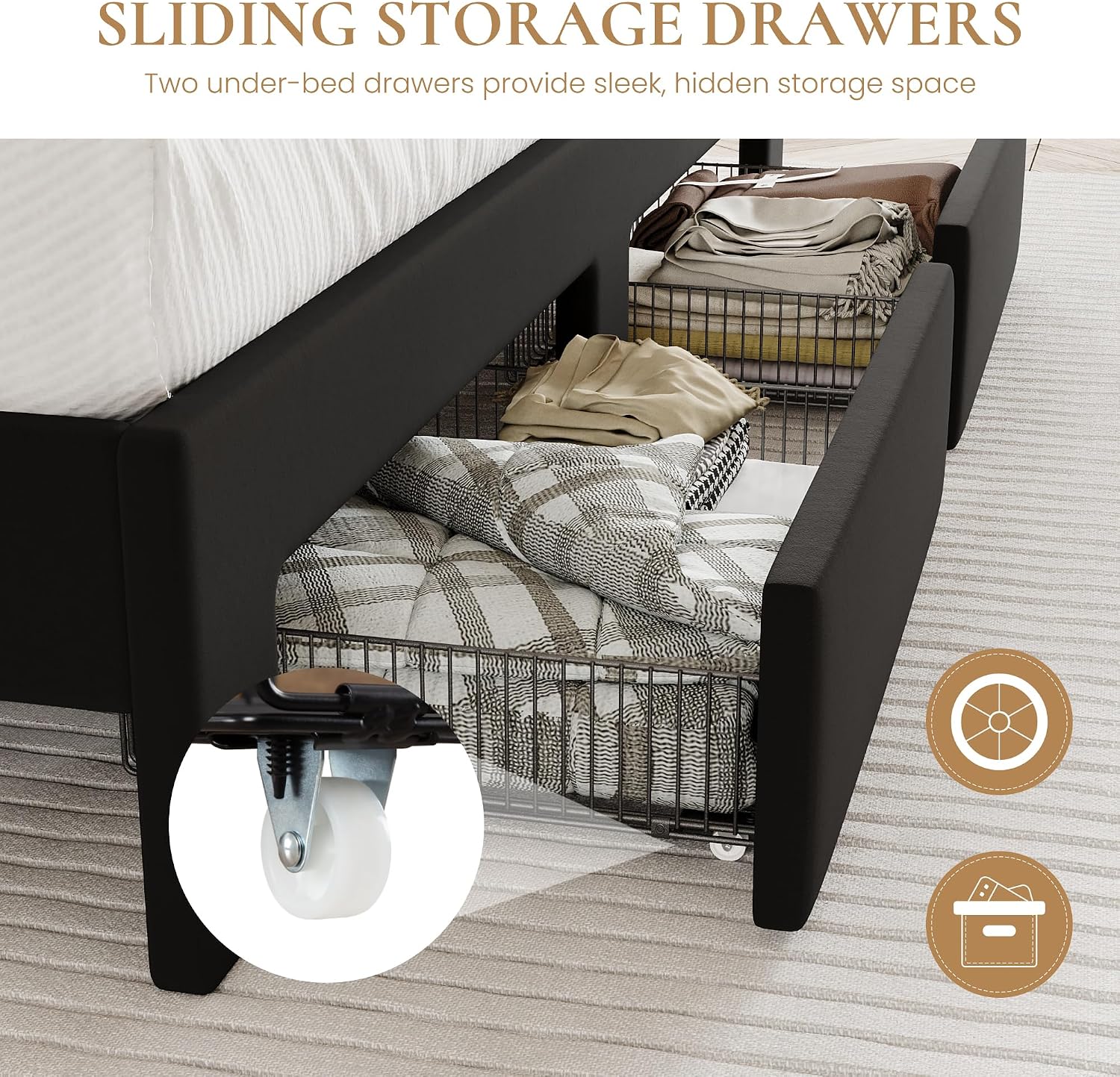 SHA CERLIN Velvet Queen Bed Frame with Vertical Channel Tufted Wingback Headboard & 2 Storage Drawers/2-Tier Shelves with LED Lights & Charging Station/Noise-Free/No Box Spring Needed/Black