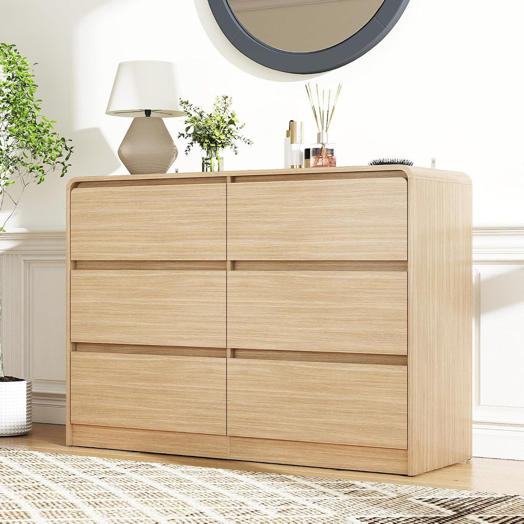 Vibe & Dine 6 Drawer Dresser, Modern Wooden Dressers & Chests of Drawers with Arc Edge Design, 47' Wide Dresser for Closet, Entryway, Bedroom, Natural Wood