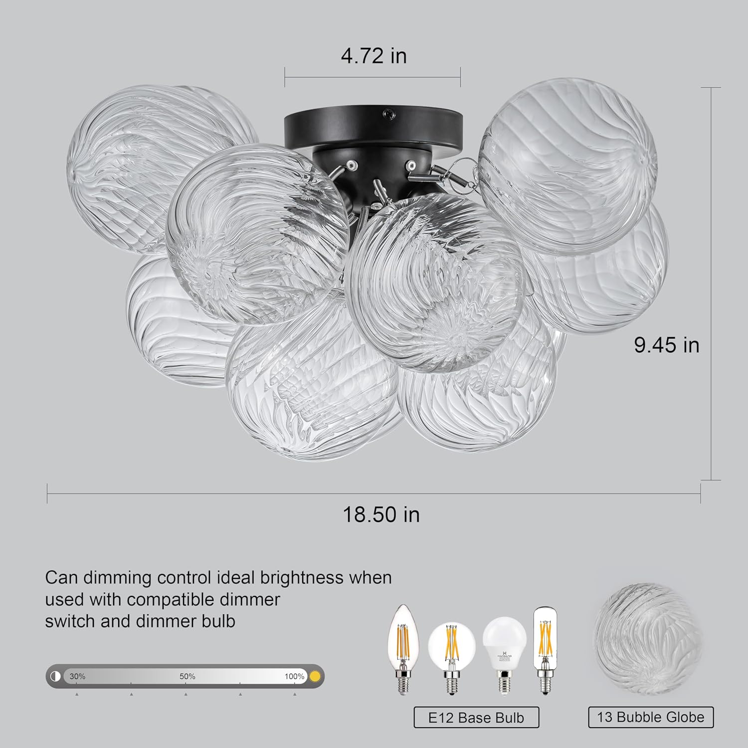 Semi Flush Mount Ceiling Light,Black Chandeliers for Living Room Modern Clear Swirled Glass Chandelier Dining Room Light Fixtures over Table 18.5' with 13 Globe for Foyer Bedroom Kitchen Island