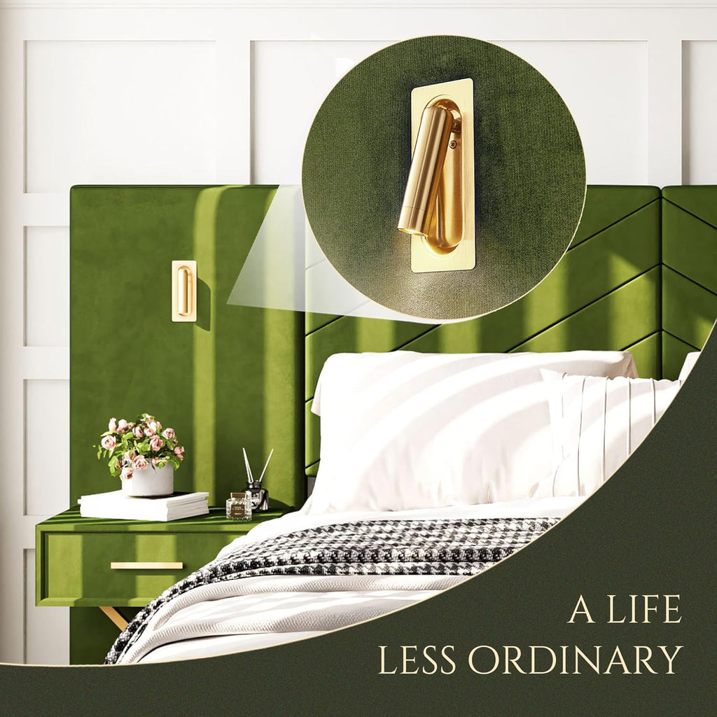 Luxurious Queen Platform Bed Frame, Velvet Upholstered Headboard with 2 Built-in Wall Sconces & Nightstands, Sturdy Metal & Solid Wood Frame, Squeak-Free, No Box Spring Needed, Olive Green