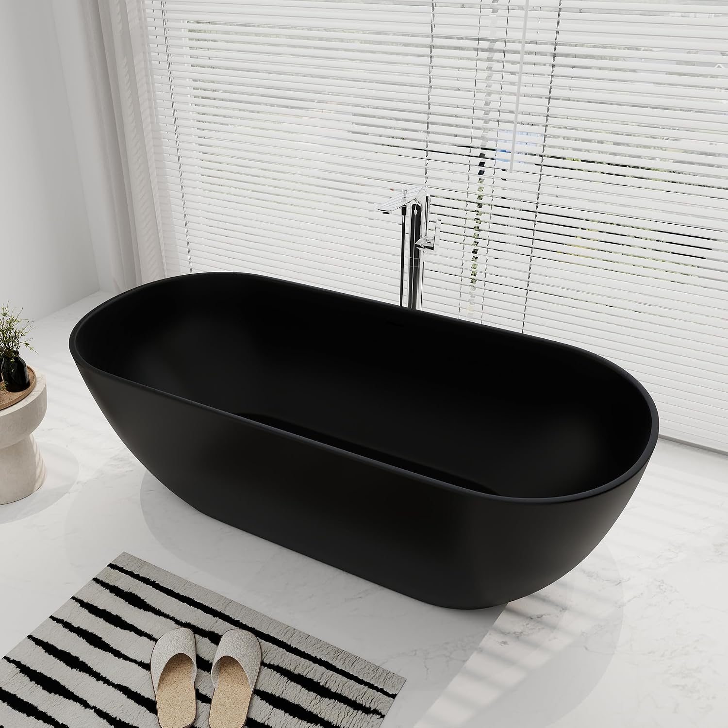 SJ STAR&JANE 69' Solid Surface Freestanding Bathtub Oval Stone Resin Soaking Tub Modern Stand Alone Tub with Overflow & Pop-up Drain, Matte Black for Bathrooms