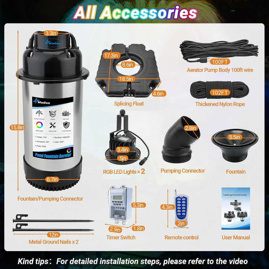 Pond Fountain Aerator with Lights, Dynamic RGB Light 1HP 750W Floating Fountain for Pond Lake, 110V 15000 GPH Fully Automatic Stainless Steel Fountain Pump 100Ft Cord with 2 LED Lights and Nail, Rope