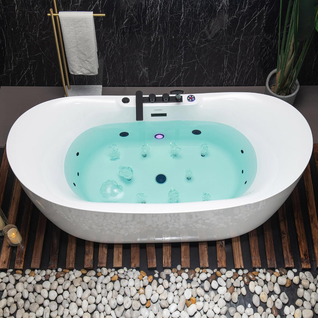 WOODBRIDGE 72' x 35-3/8' Whirlpool and Air Bath Heated Soaking Combination Tub with Adjustable Speed Air Blower, Tub Filler, and LED control panel, Matte Black Finish Trim and Drain Kit,BM-400+F0051