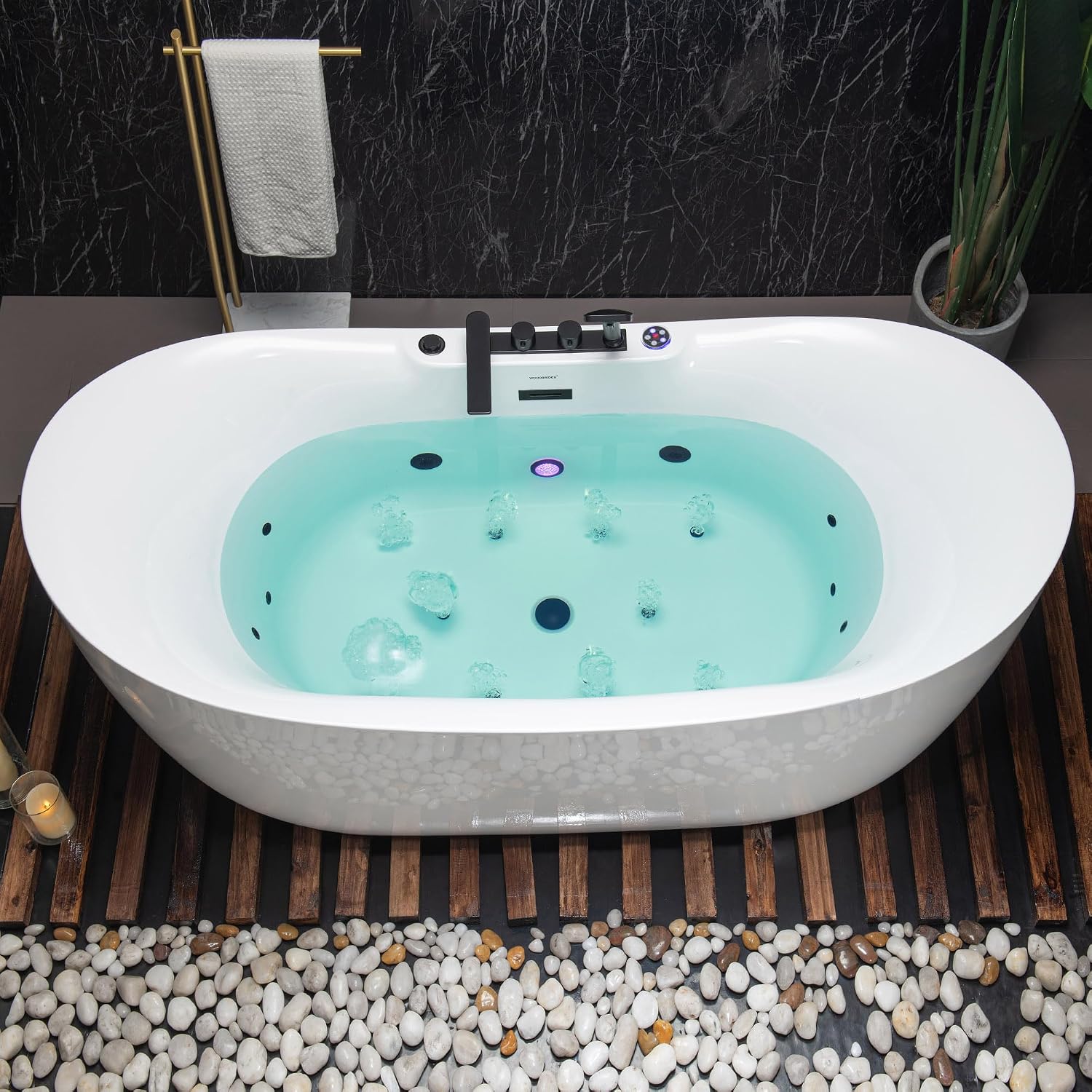 WOODBRIDGE 72' x 35-3/8' Whirlpool and Air Bath Heated Soaking Combination Tub with Adjustable Speed Air Blower, Tub Filler, and LED control panel, Matte Black Finish Trim and Drain Kit,BM-400+F0051