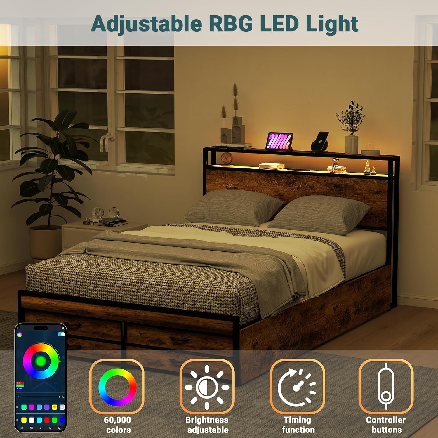 Zevemomo Full Size Bed Frame with 8 Storage Drawers, Full Platform Bed with Headboard, Charging Station, LED Light, Noise-Free Design, No Box Spring Required, Brown