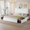 LED Full Bed Frame with 4 Storage Drawers and Adjustable Headboard, Modern Velvet Upholstered Platform Bed Frame Full Size with Charging Station, Wooden Slats Support, No Box Spring Needed, White