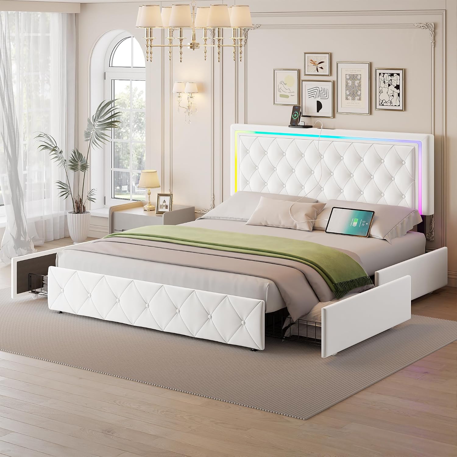 LED Full Bed Frame with 4 Storage Drawers and Adjustable Headboard, Modern Velvet Upholstered Platform Bed Frame Full Size with Charging Station, Wooden Slats Support, No Box Spring Needed, White