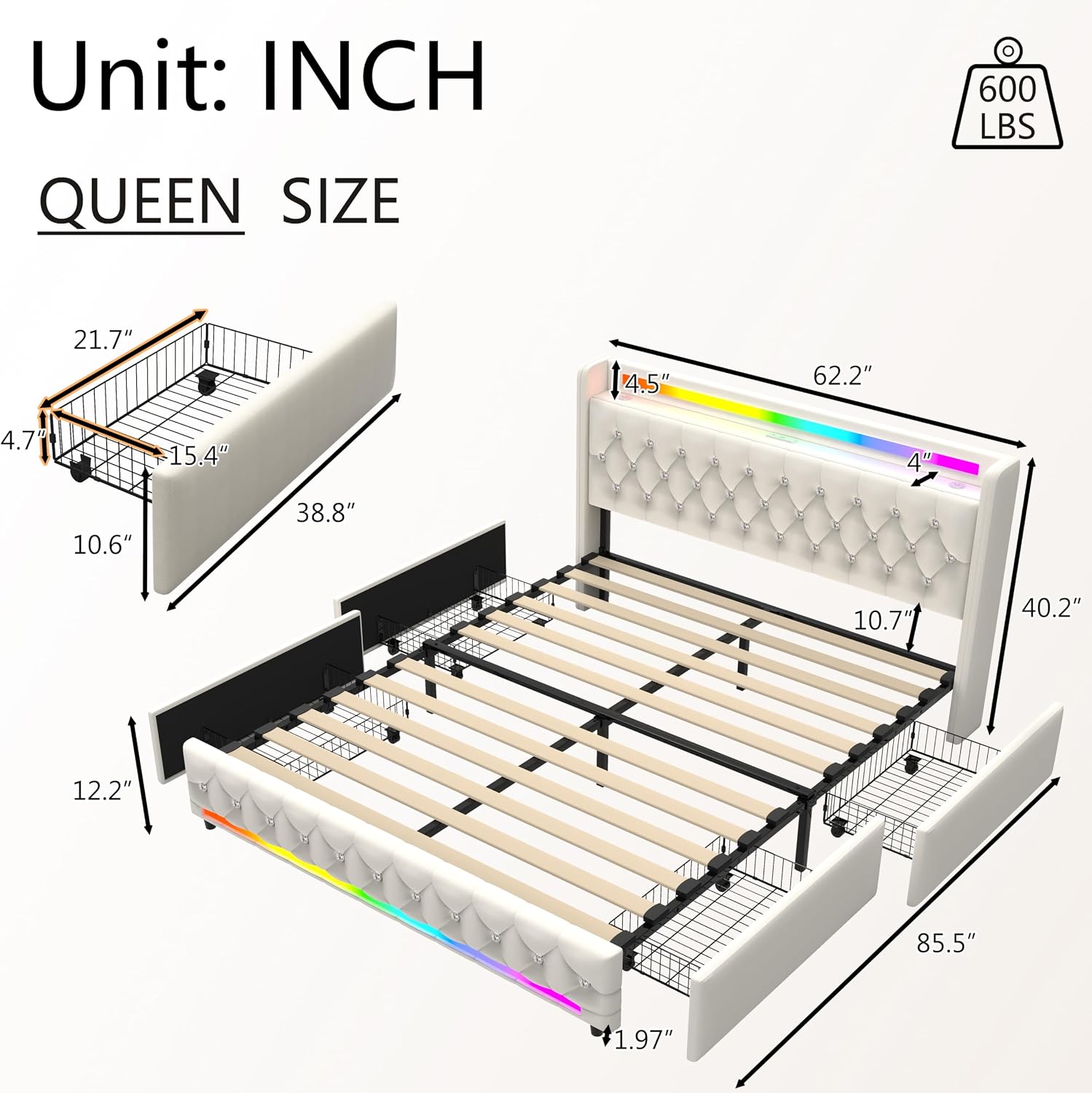 Queen Bed Frame with Bluetooth Speakers,USB & Type-C Charging Station & LED Headboard and Footboard & 4 Drawers Storage,Wooden Slats Support,Velvet Upholstered Bed,Easy Assembly,Beige