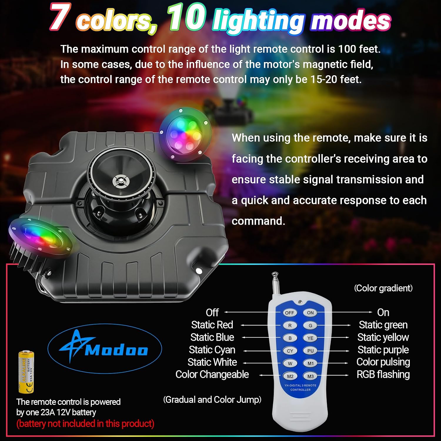Pond Fountain Aerator with Lights, Dynamic RGB Light 1HP 750W Floating Fountain for Pond Lake, 110V 15000 GPH Fully Automatic Stainless Steel Fountain Pump 100Ft Cord with 2 LED Lights and Nail, Rope