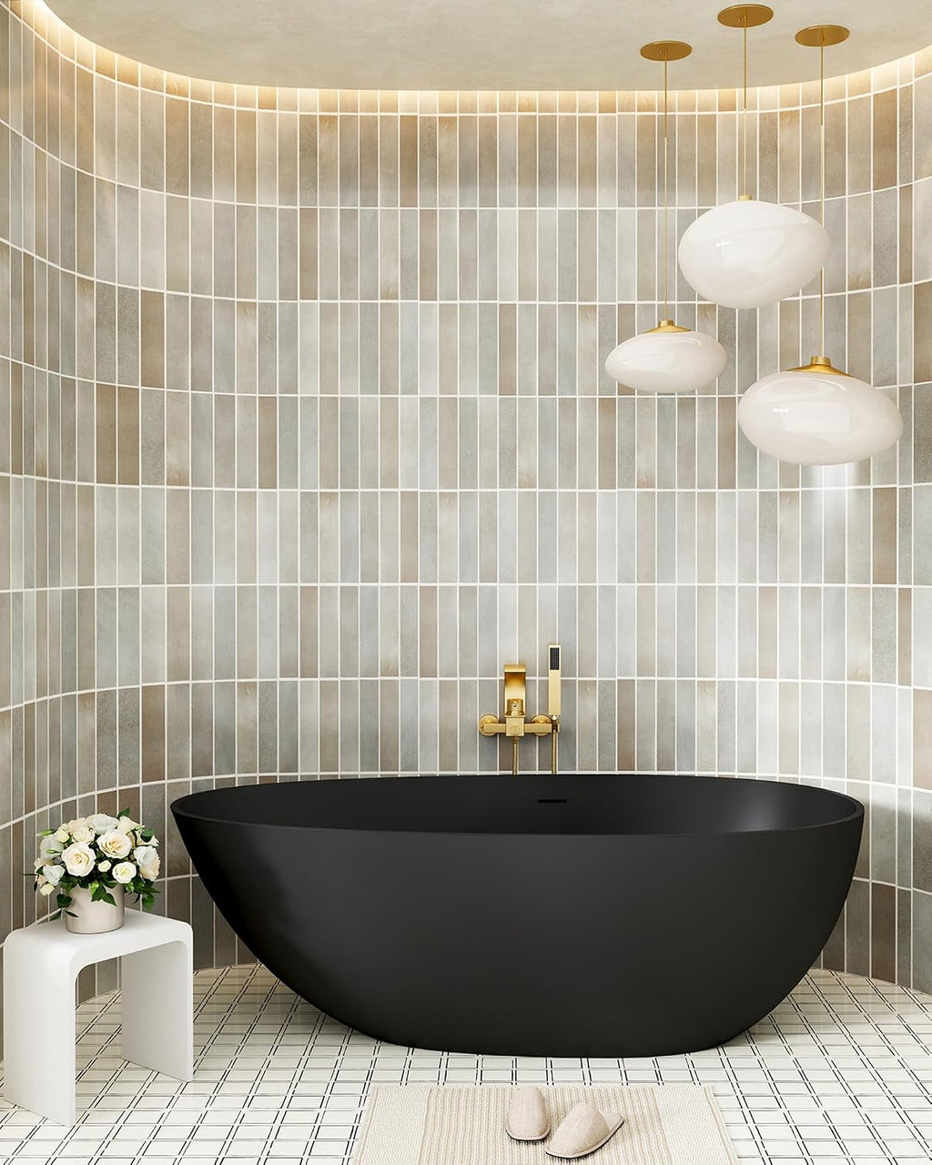 CASAINC 59' Solid Surface Freestanding Bathtub Egg-Shaped Stone Resin Freestanding Tub Matte Black Stand-Alone Tub with Drain, Drain Hose & Sanding Paper