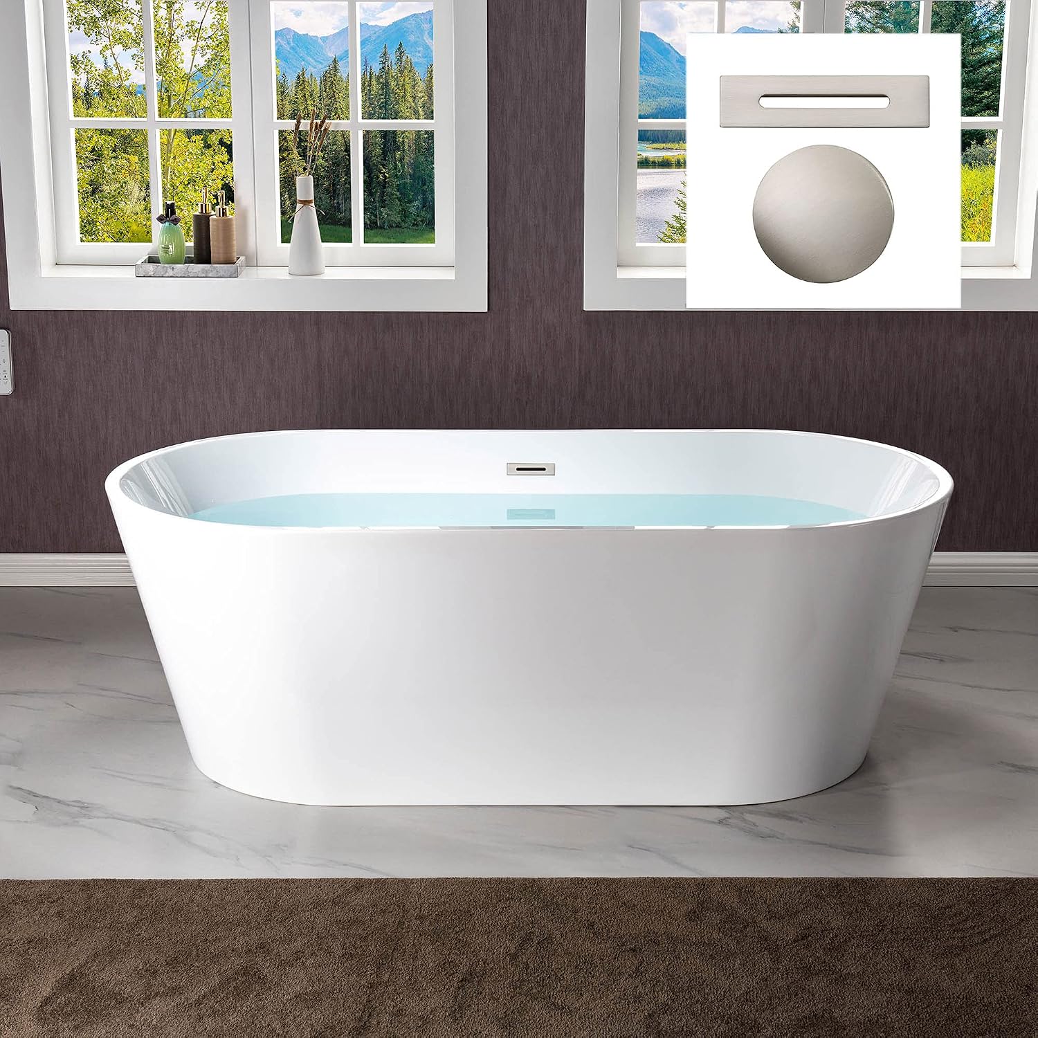 WOODBRIDGE 67' Acrylic Freestanding Bathtub Contemporary Soaking White Tub with Brushed Nickel Overflow and Drain，B0013-BN