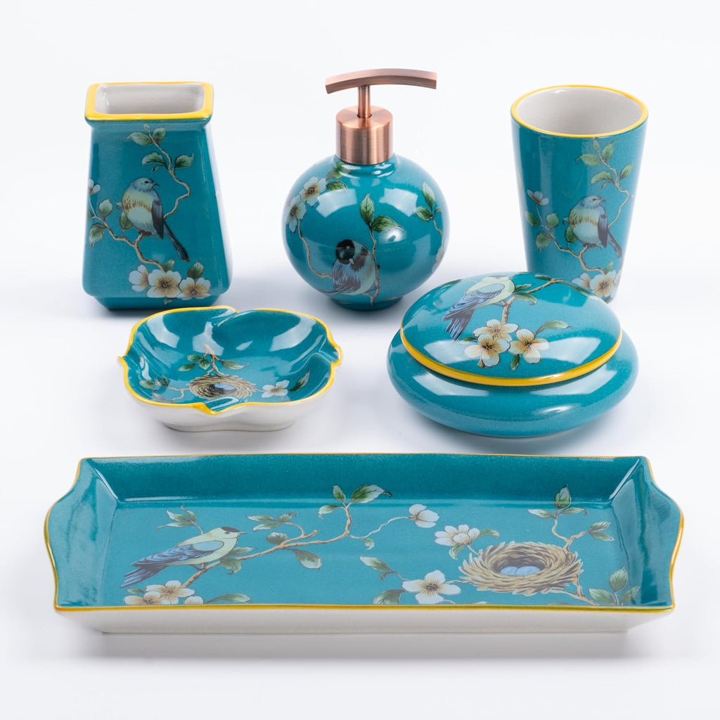 6-Piece Ceramic Bathroom Accessories Set with Small Tray, Vintage Floral Design Countertop Organizer with Soap Dispenser, Toothbrush Holder, Rinse Cup, Qtip Holder & Soap Dish, DarkBlue