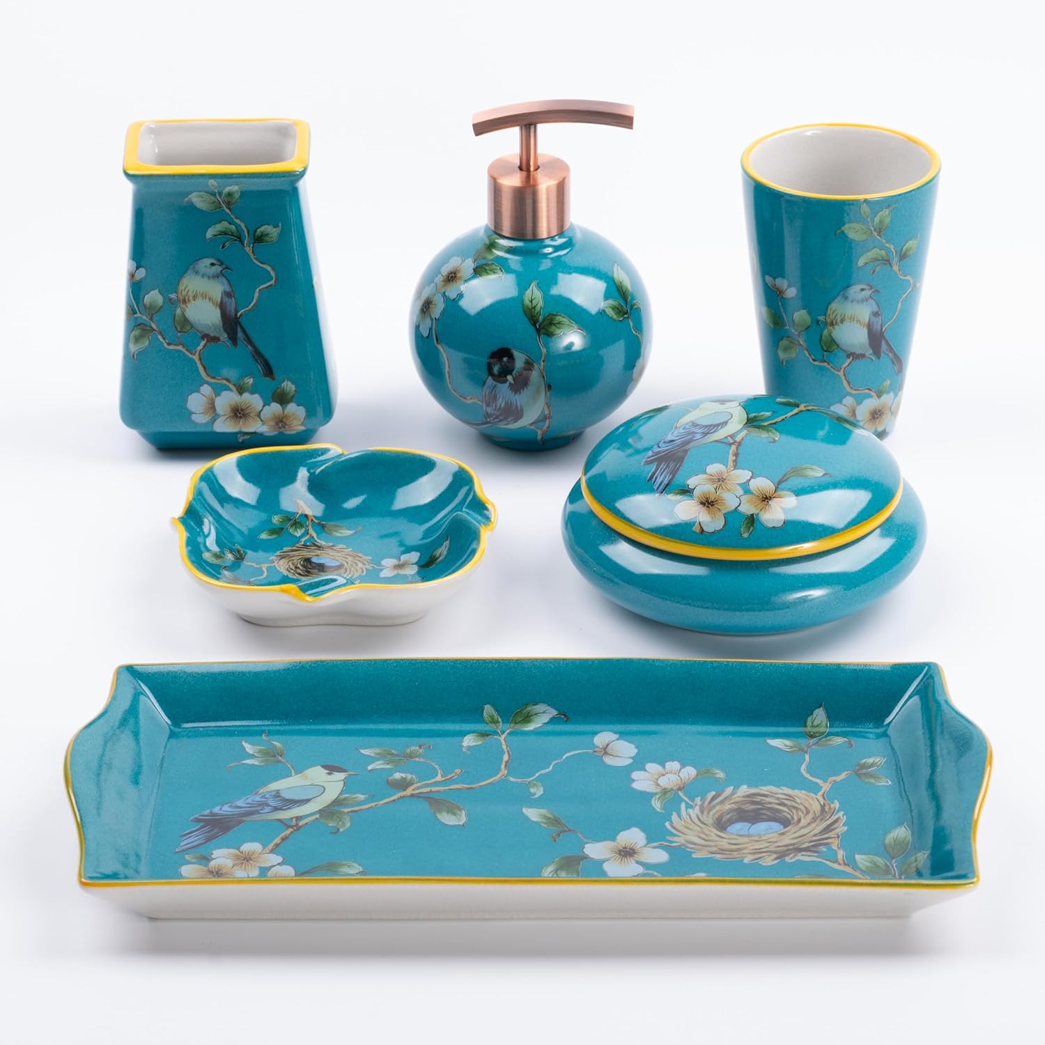 6-Piece Ceramic Bathroom Accessories Set with Small Tray, Vintage Floral Design Countertop Organizer with Soap Dispenser, Toothbrush Holder, Rinse Cup, Qtip Holder & Soap Dish, DarkBlue
