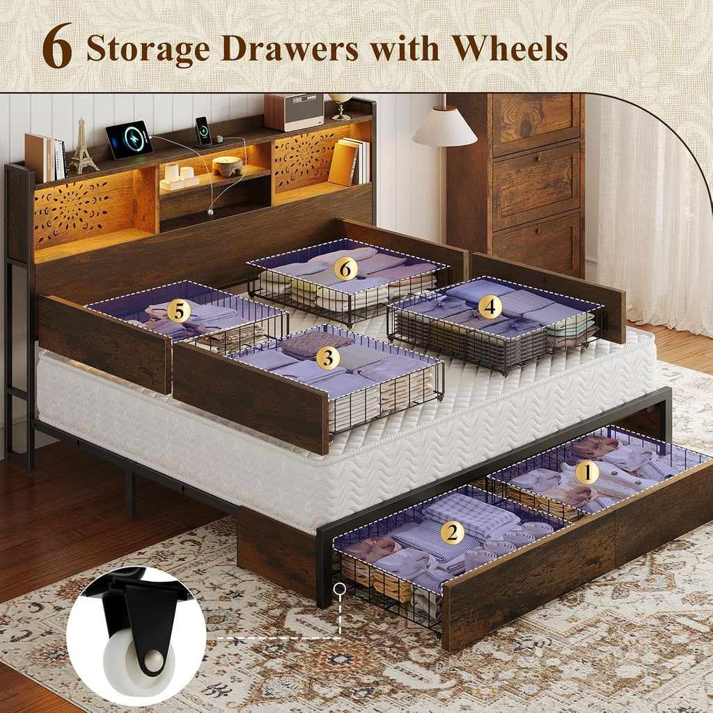 Belffin King Bed Frame with 6 Storage Drawers and Carving Headboard, Wooden Bed Frame with Charging Station and LED Lights, No Noise and Easy Assembly, No Box Spring Needed, Vintage Brown