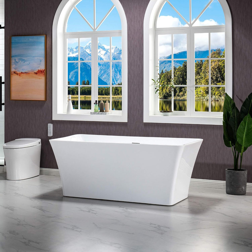 WOODBRIDGE 59' Freestanding White Acylic Soaking Bathtub with Drain Kit and Floor Mount Tub Filler in ORB,BTA1509-ORB-Drain &O+F0010ORBSQ, Oil Rubbed Bronze