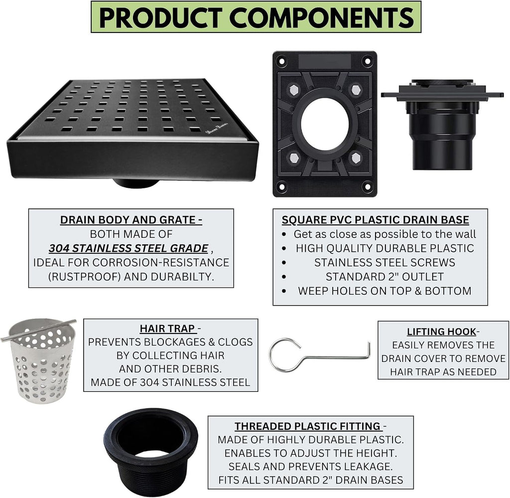 SereneDrains 304 Stainless Steel 6 Inch Square Matte Black Shower Drain Kit with Base Square Design for Tile Floor Drain Grate Cover Hair Catcher Trap Strainer Filter (Matte Black, Square PVC Plastic)