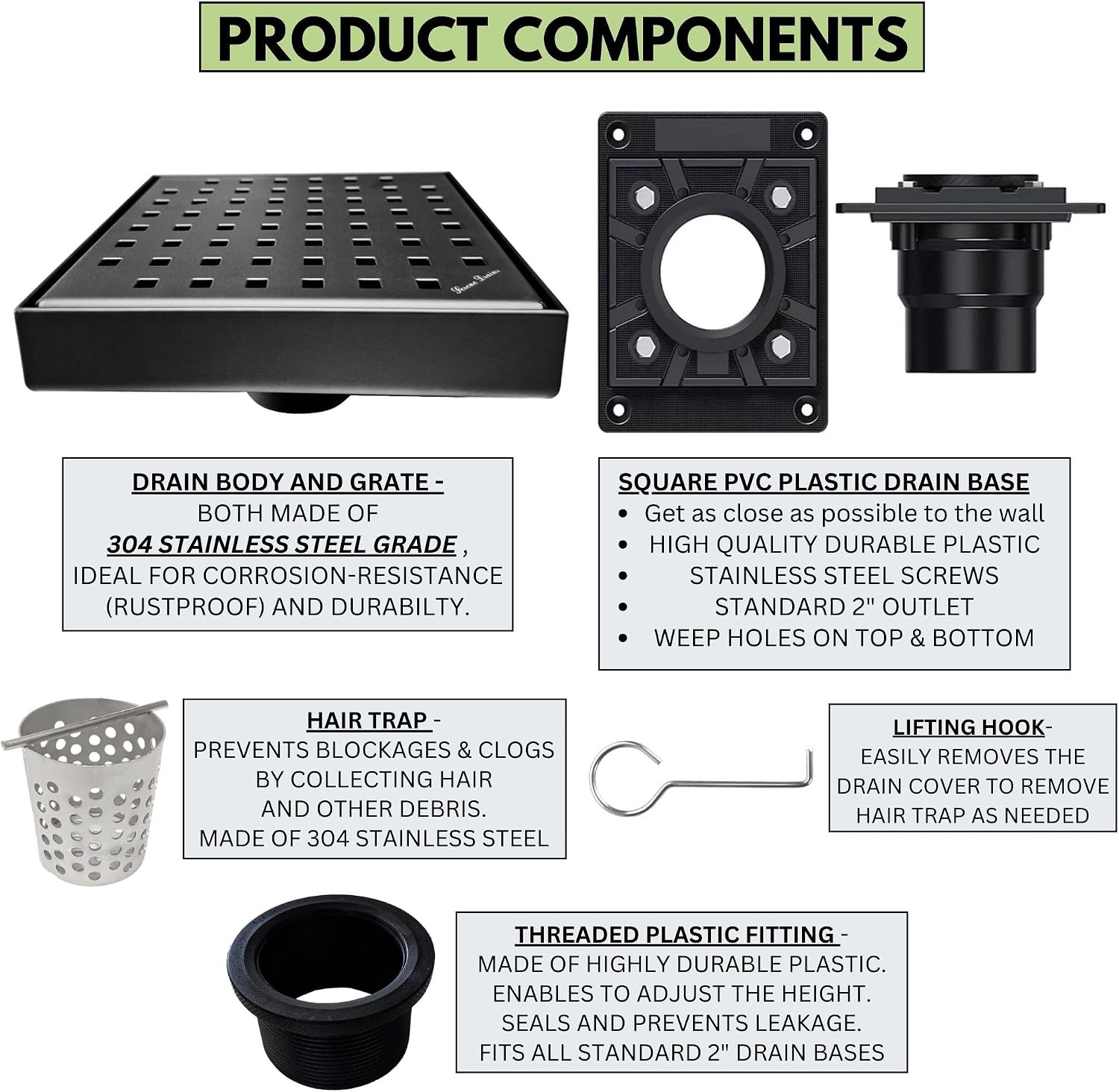 SereneDrains 304 Stainless Steel 6 Inch Square Matte Black Shower Drain Kit with Base Square Design for Tile Floor Drain Grate Cover Hair Catcher Trap Strainer Filter (Matte Black, Square PVC Plastic)