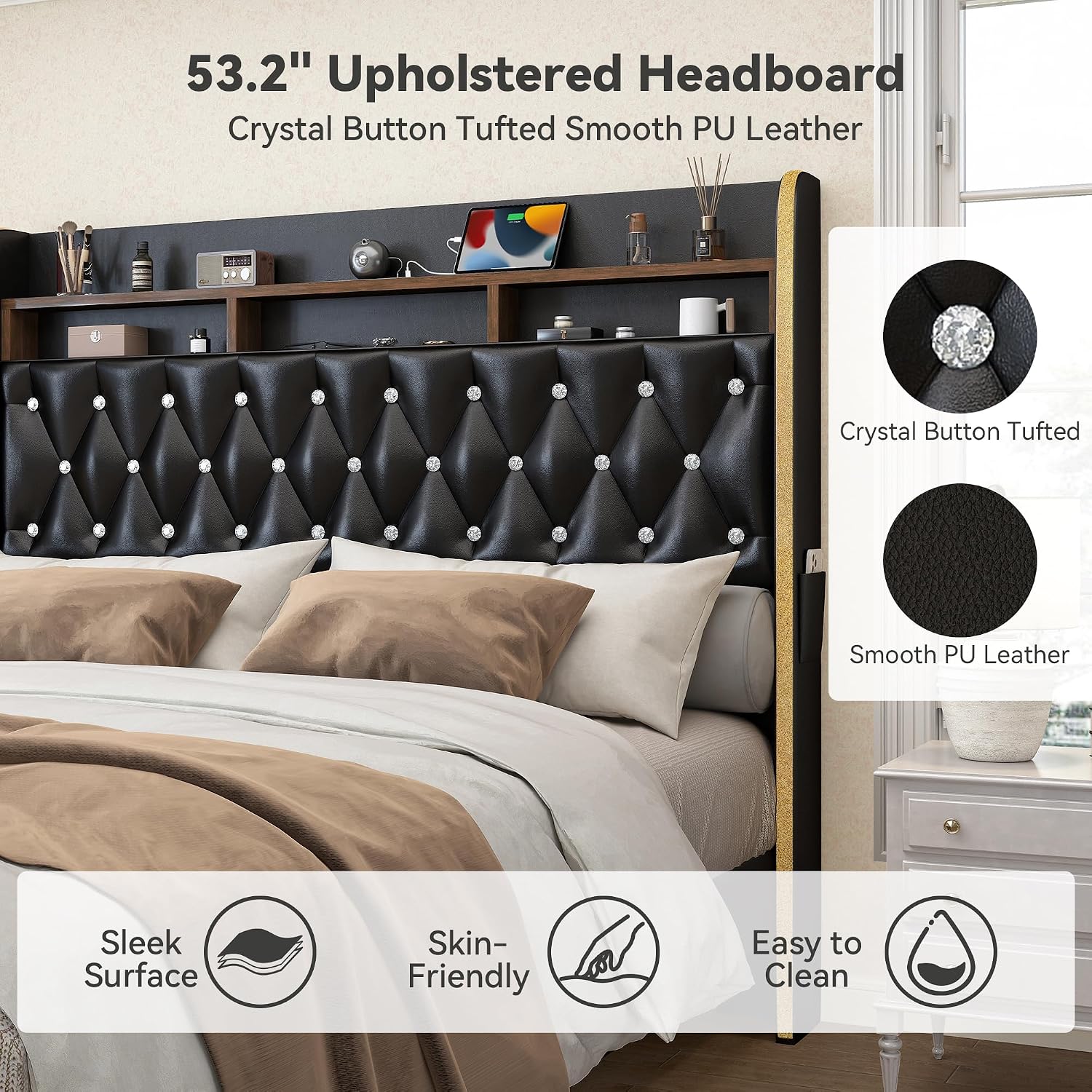 Torana King LED Bed Frame with 2 Drawers, 53' Tall Platform Beds with Galaxy Star Projector Charging Station, PU Upholstered Diamond Tufted Aurora Bedframe with Storage Headboard, Black