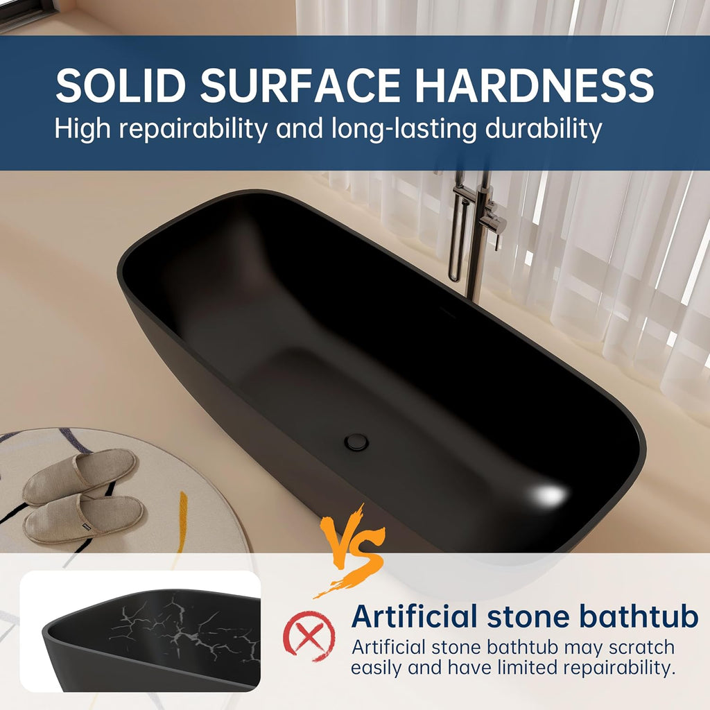 67'' Black Bathtub,Stone Resin Solid Surface Freestanding Bathtub, Modern Elegant Design Soaking Stand Alone Tub, Matte Black, Drain and Overflow Included