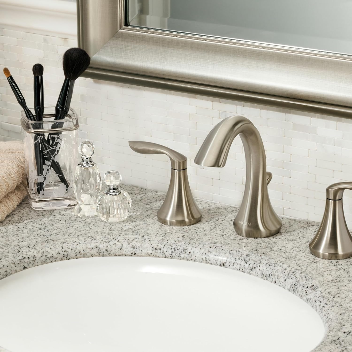 Moen Eva Brushed Nickel Two-Handle High Arc Widespread Bathroom Sink Faucet for 3-Hole Setups with Valve Included, TV6420BN