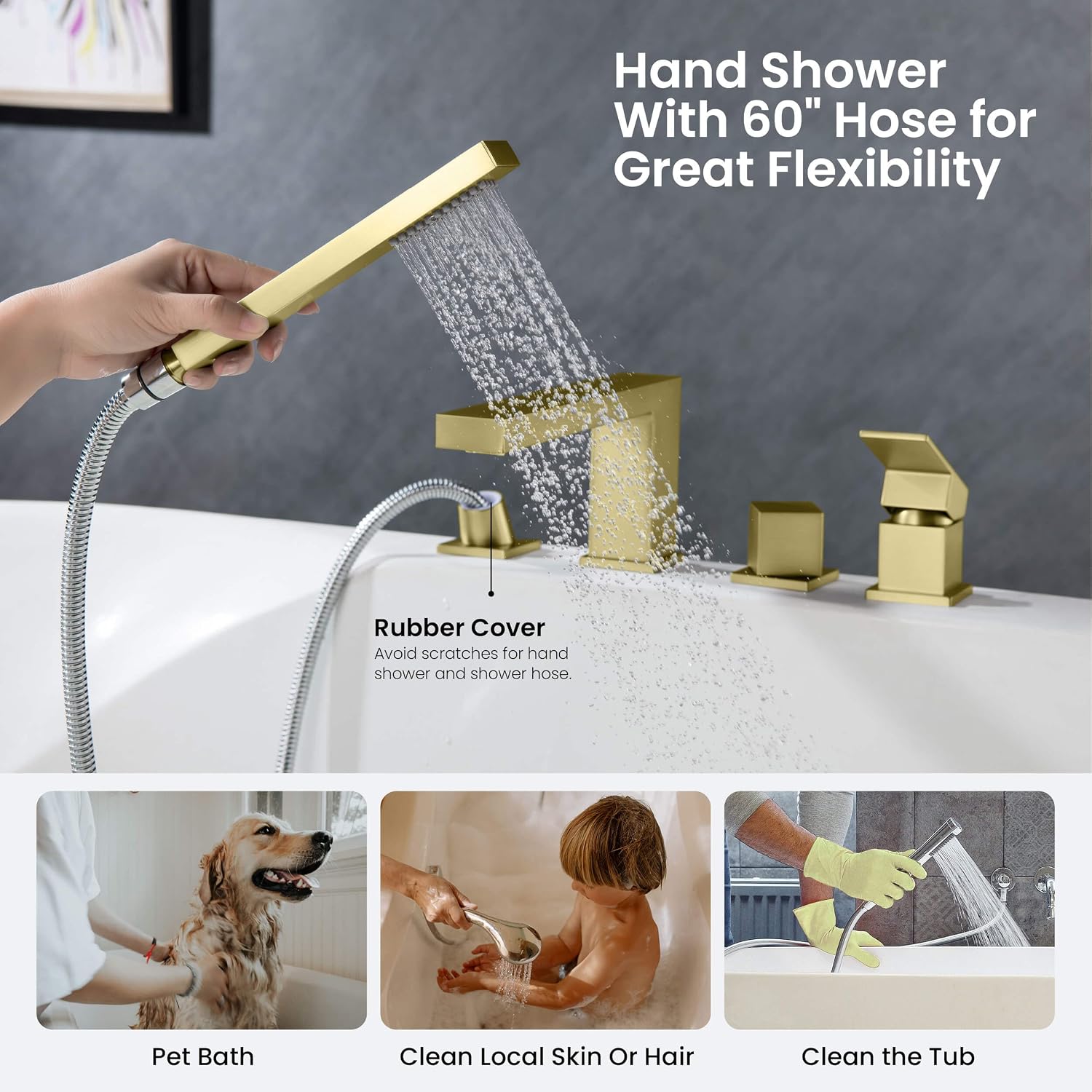 KIBI Cube Single Handle Roman Tub Faucet with Hand Shower | Deck Mounted Bathtub Faucet Set with Solid Brass Construction, Smooth Water Flow & Diverter for Easy Operation (Brushed Gold, KTF3102)